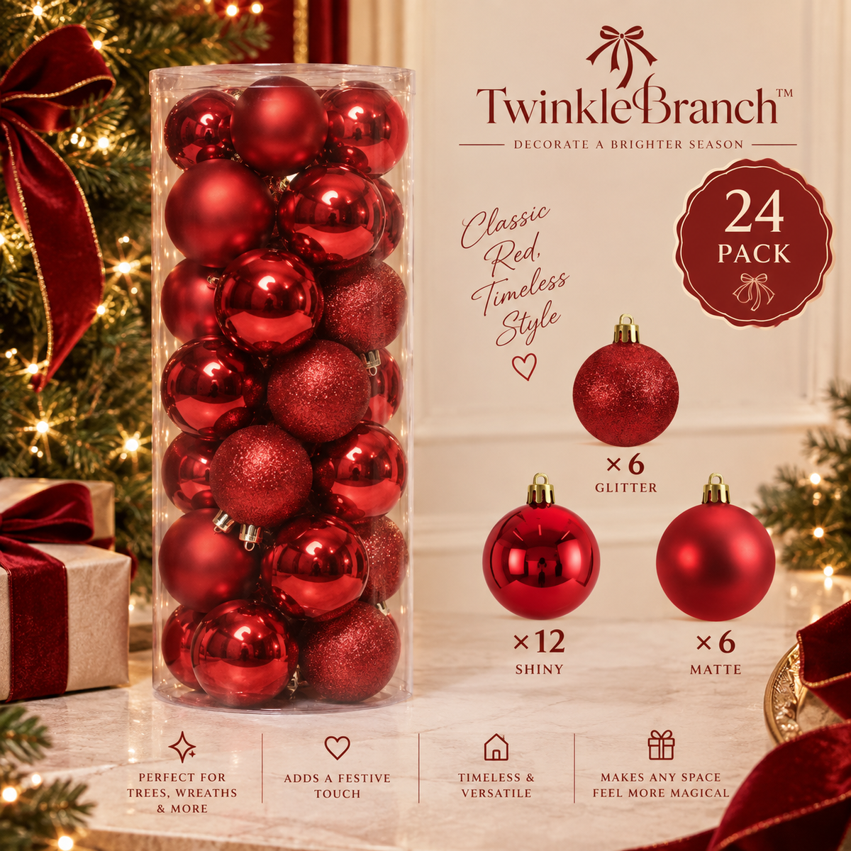 ❤️ TwinkleBranch™ Classic Red Ornament Set — 24 Pack